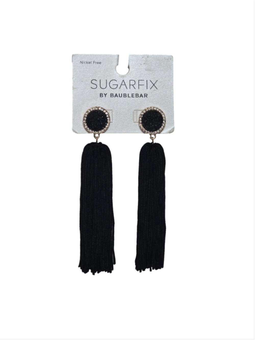 SUGARFIX by BaubleBar Black Tassel Statement Earrings Glitter Druzy Fringe Drop